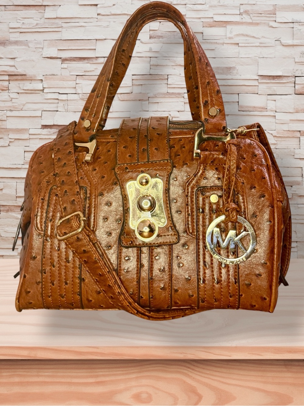 Michael Kors Cognac Ostrich-Embossed Leather Satchel w/ Guillotine Closure - Picture 2 of 8